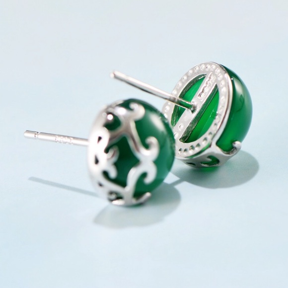 Dark Jade Natural Stone 10mm Stud Earring on Sterling Silver - Picture 7 of 9